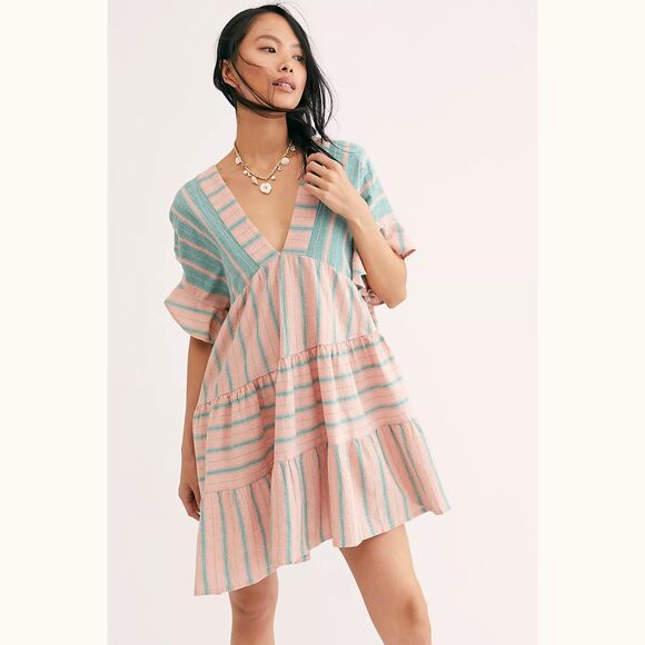 Free People Everyday Living Oversized Tunic Dress Striped Print Ruffle S 283137 - Picture 1 of 8